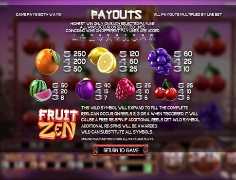Выплаты за символы в игровом аппарате Fruit Zen